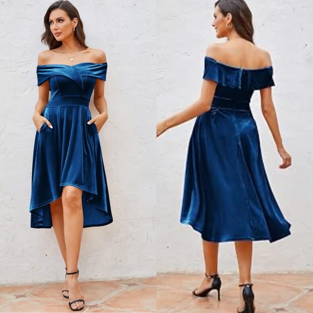 JASAMBAC Dress for Women Velvet Velour Cocktail Party Holiday Dress Blue Large